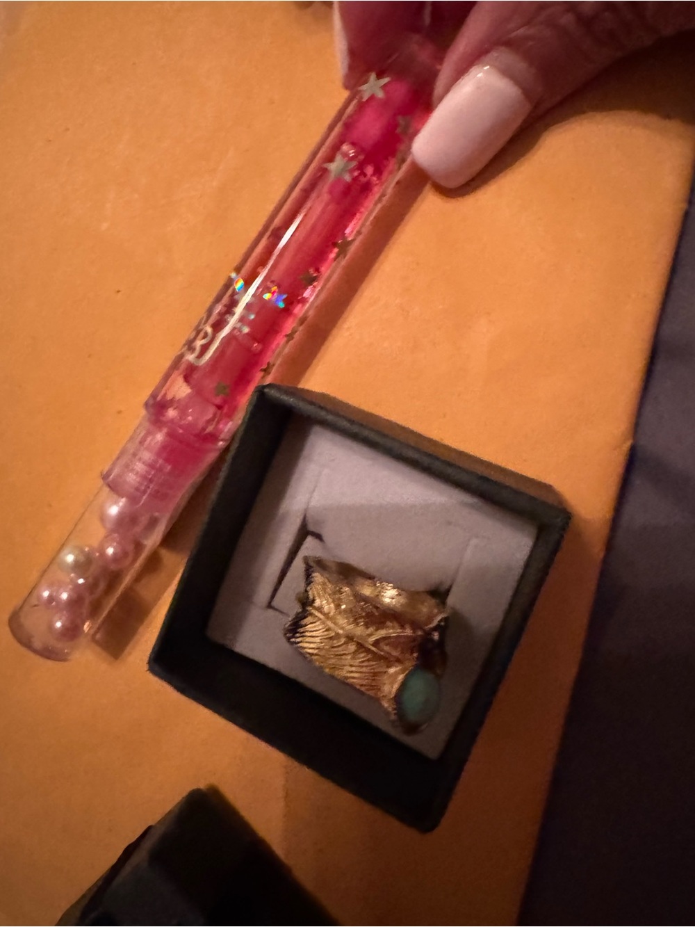 Gold Leaf Statement Ring with Turquoise Stone & lip gloss